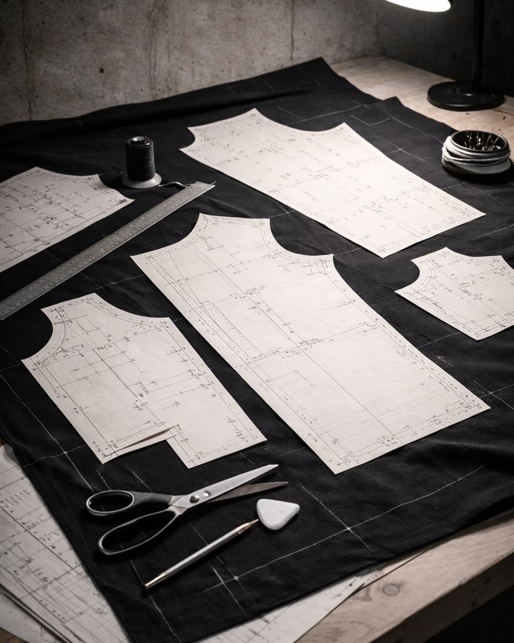 Paper pattern pieces laid on black cloth with shears and chalk