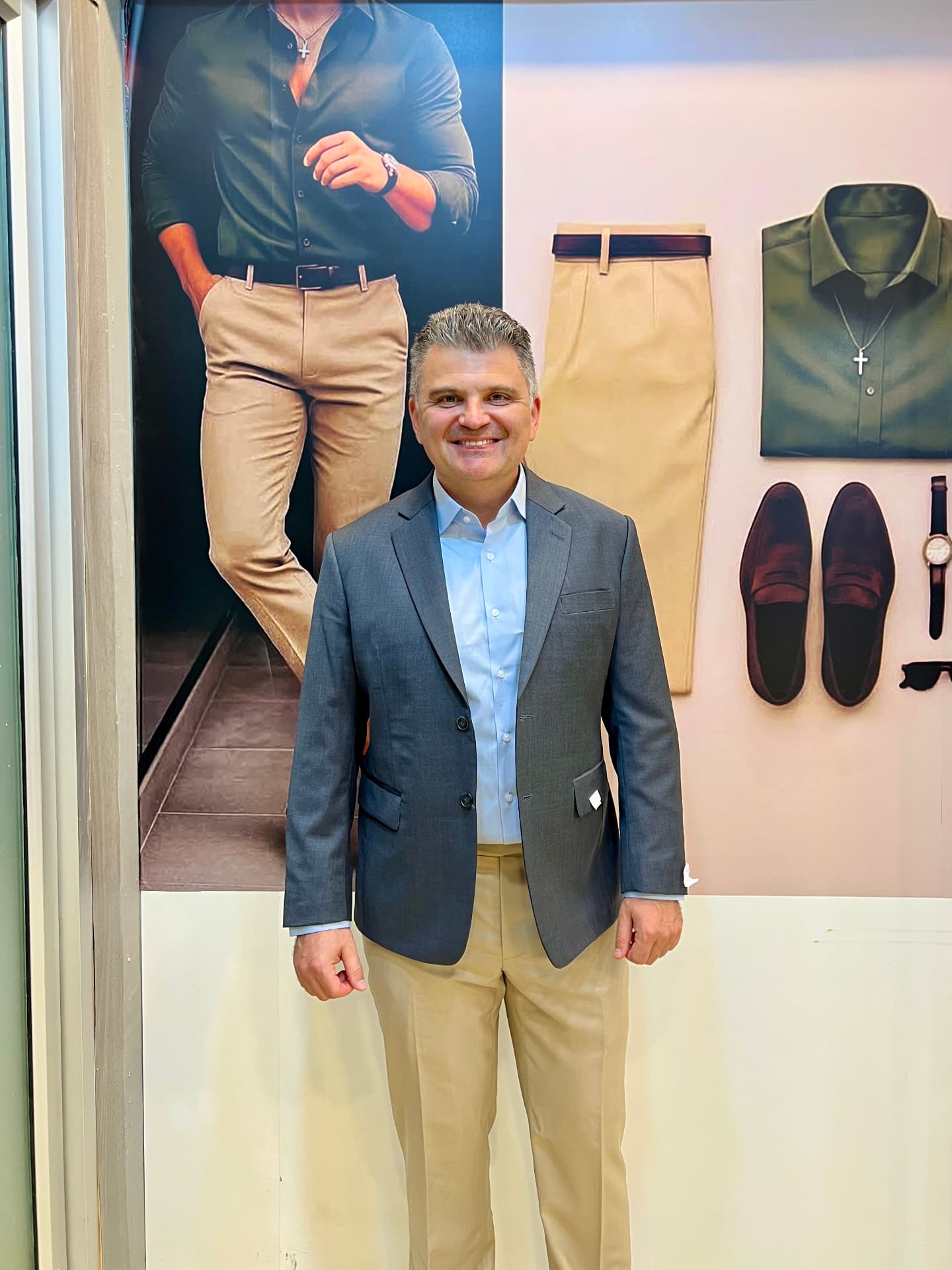 Grey Blazer, Khaki Trousers